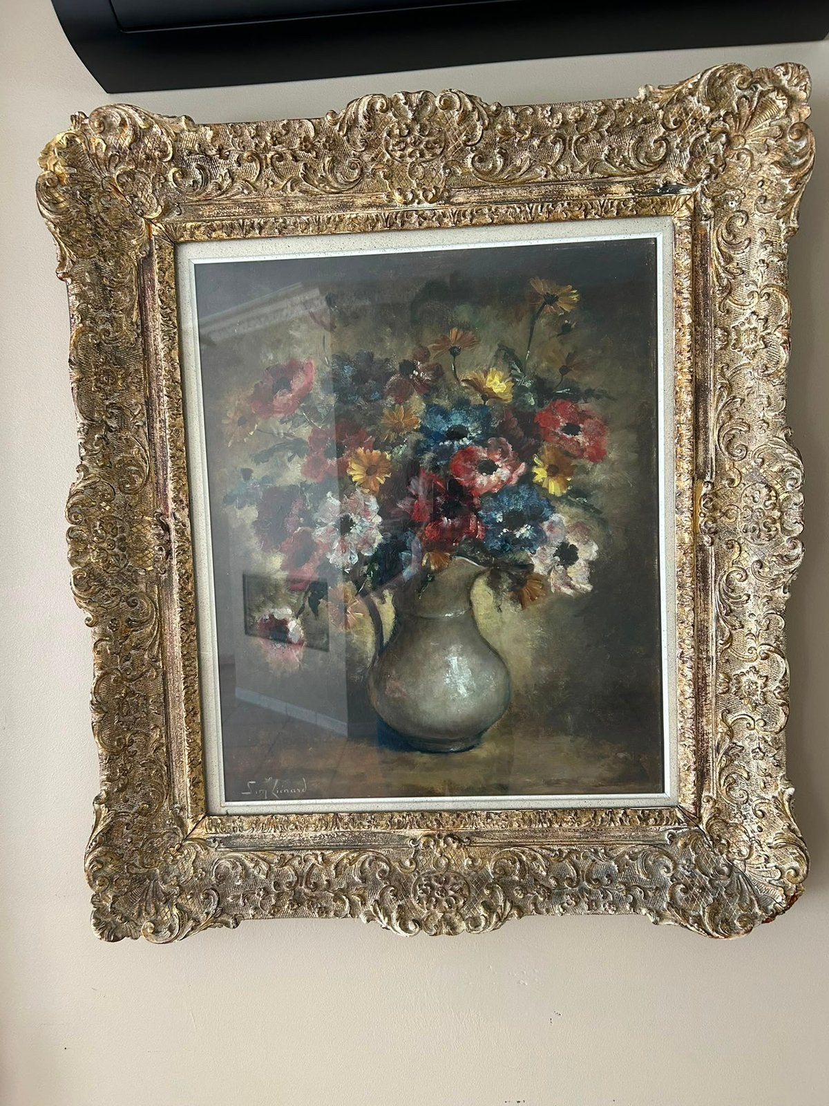 Ingelijst bloemenschilderij met sierlijke gouden kader, Ophalen