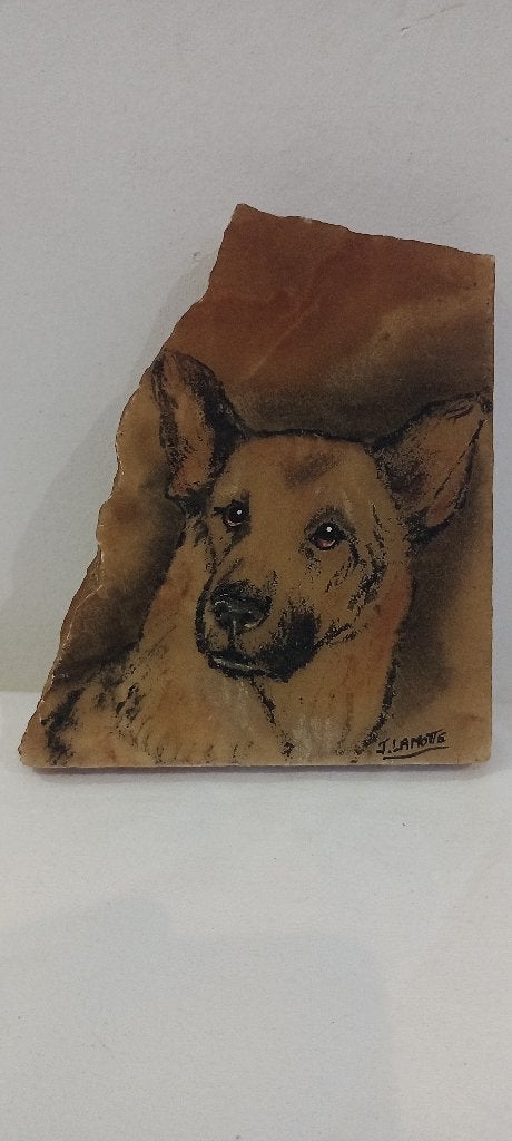 Schilderij hond op steen J.Lamotte, 13x14, n669, Ophalen of Verzenden, Gesigneerd, Dieren