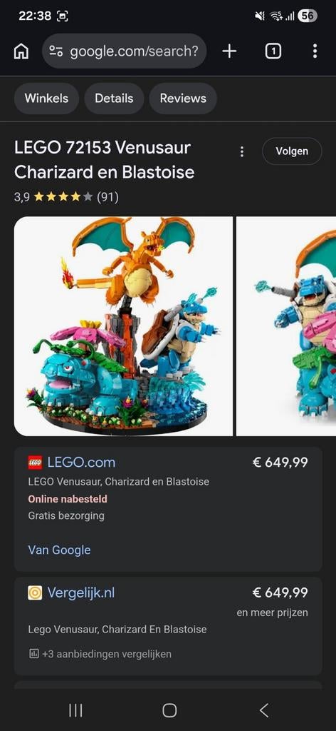 LEGO Pokémon Venusaur, Charizard & Blastoise (72153) € 650, Ophalen, Lego