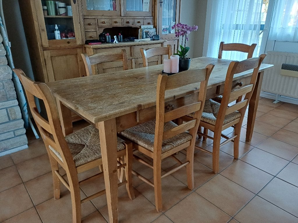 Oud grenen boerentafel met eiken stoelen, Ophalen
