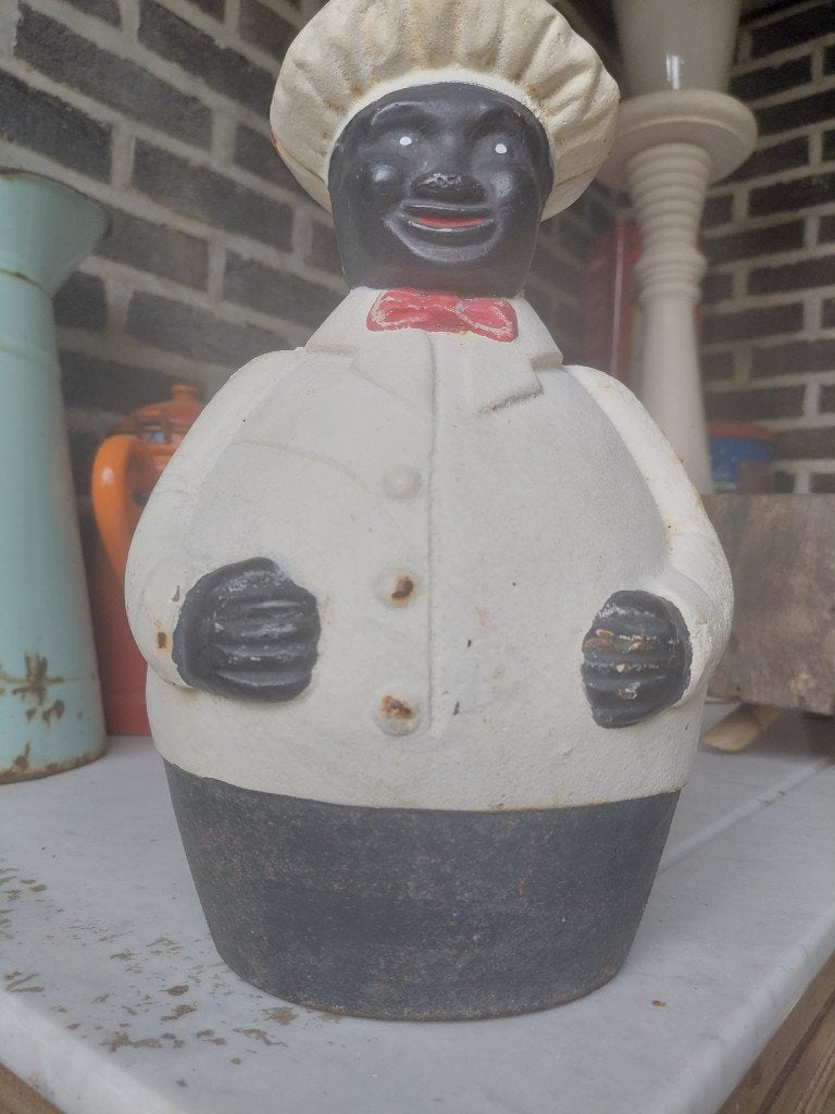 Tirelire ancienne en fonte noire chef et boulanger 1920XXL, Antiquités & Art, Enlèvement ou Envoi