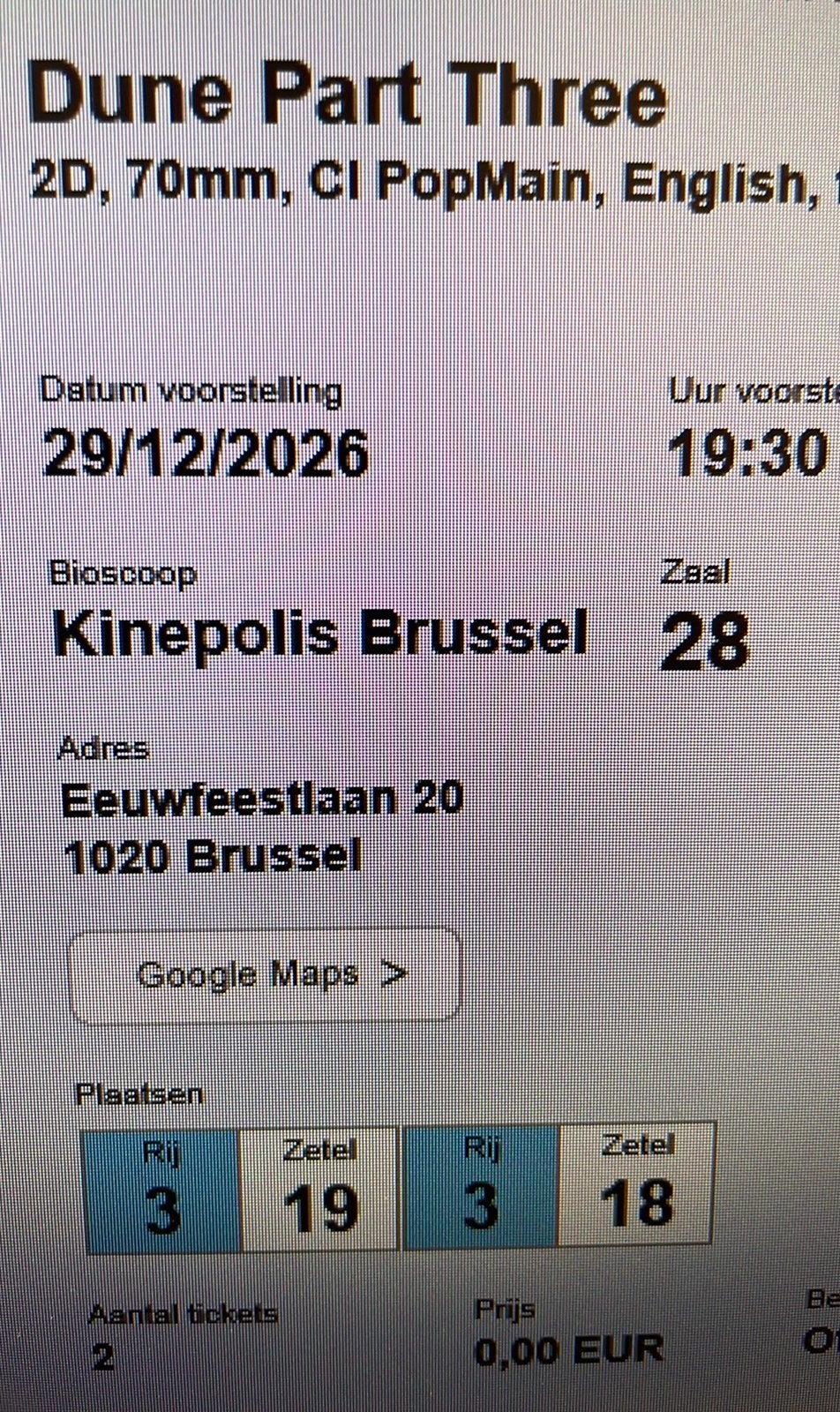 Dune part 3 imax 70mm brussel 29/12, Tickets & Billets