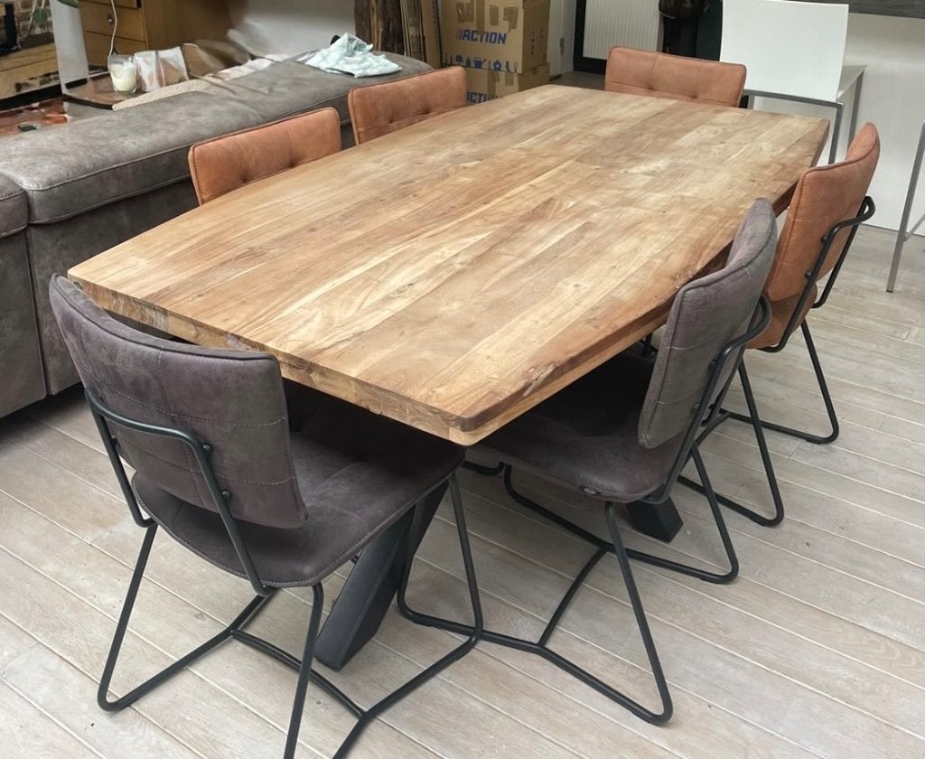 Table bois massif + chaises cuir, Chêne, Utilisé, Rectangulaire, Enlèvement ou Envoi