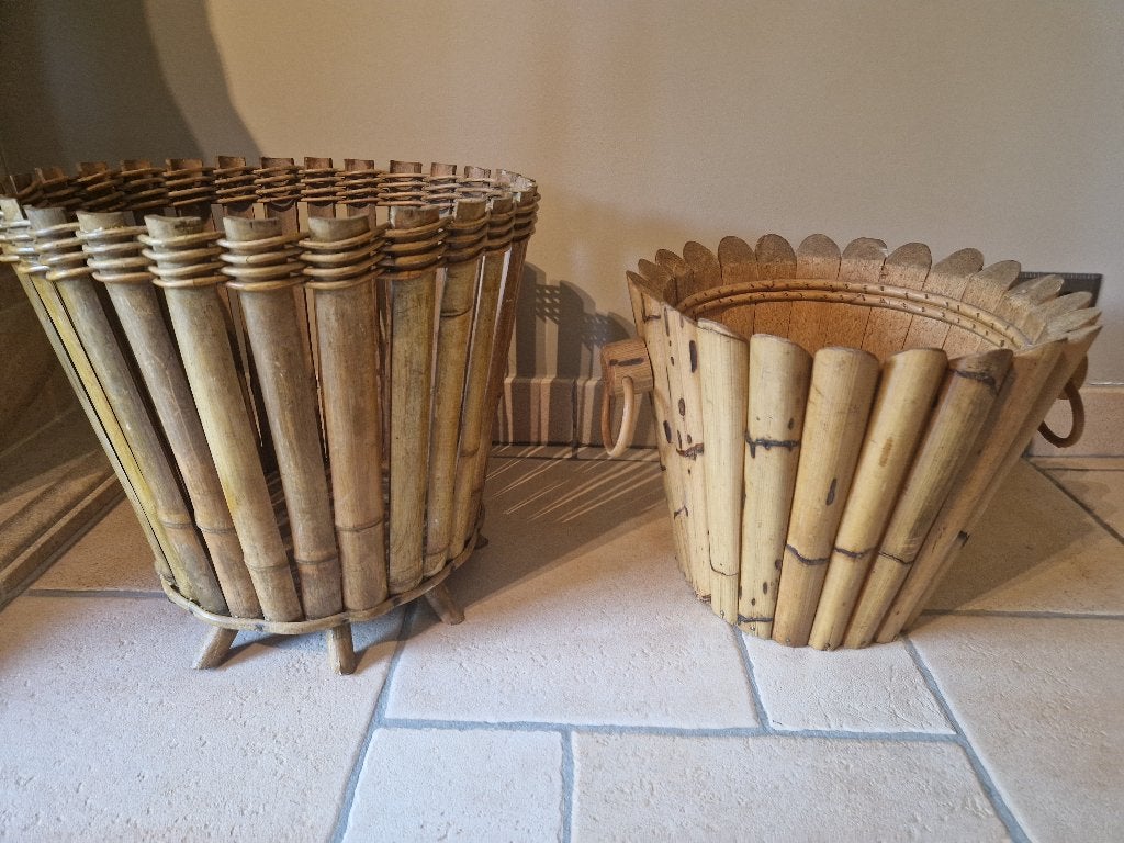 Franse bamboe cachepotten, jaren 50, 25 tot 40 cm, Overige materialen, Rond, Ophalen of Verzenden