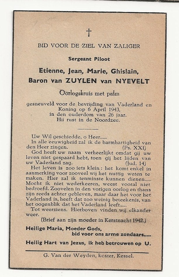 wo2 doodsprentje baron van zuylen +1943 sgt piloot, Verzamelen, Bidprentjes en Rouwkaarten, Ophalen of Verzenden, Bidprentje