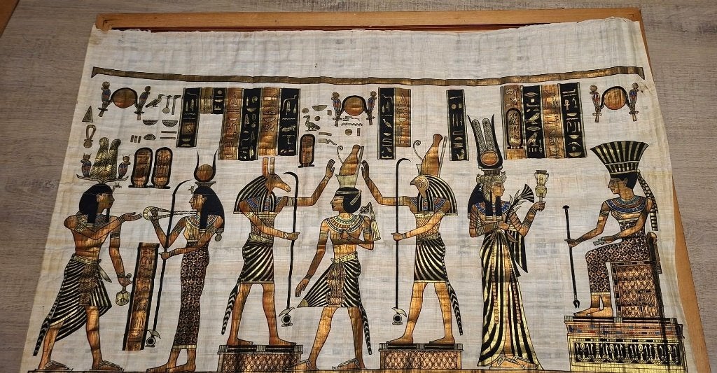 peinture sur papyrus inspirée de l'Égypte ancienne, Gouache, Portrait ou Personnes, Enlèvement ou Envoi, Sous verre