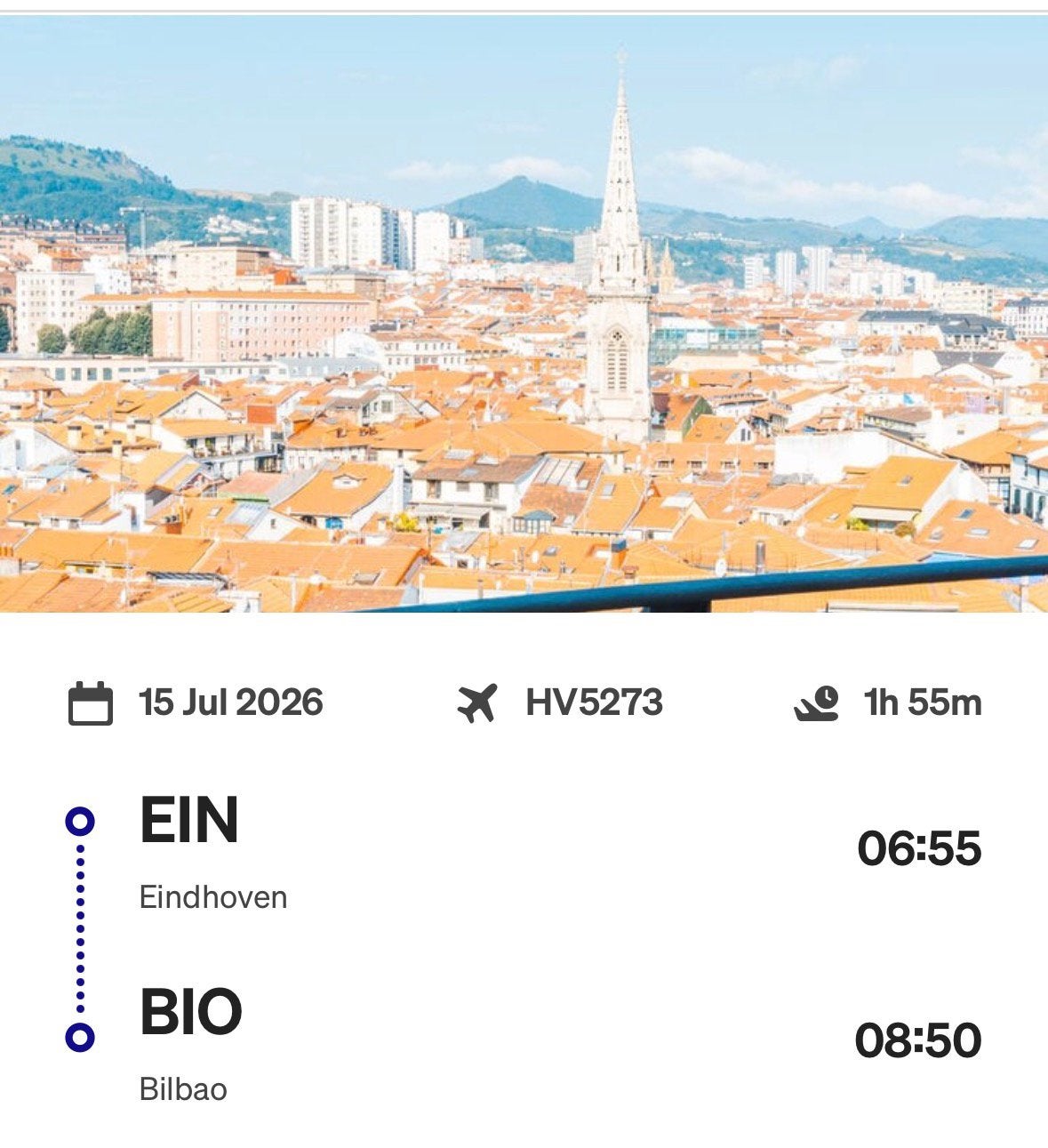 Enkele vliegticket van Eindhoven naar Bilbao op 15 juli 2026, Tickets & Billets, Transports en commun