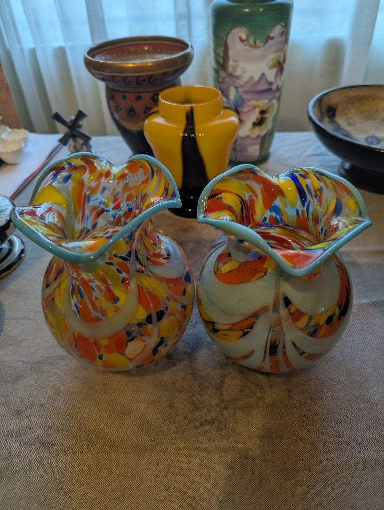 Antieke vazen van geblazen glas gespikkeld Murano Arlequin, Ophalen of Verzenden