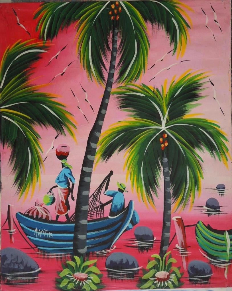 Martin acryl op doek "Tropische Vissers en Kokosnootbomen", 75 cm ou plus, Enlèvement, Utilisé, Création originale