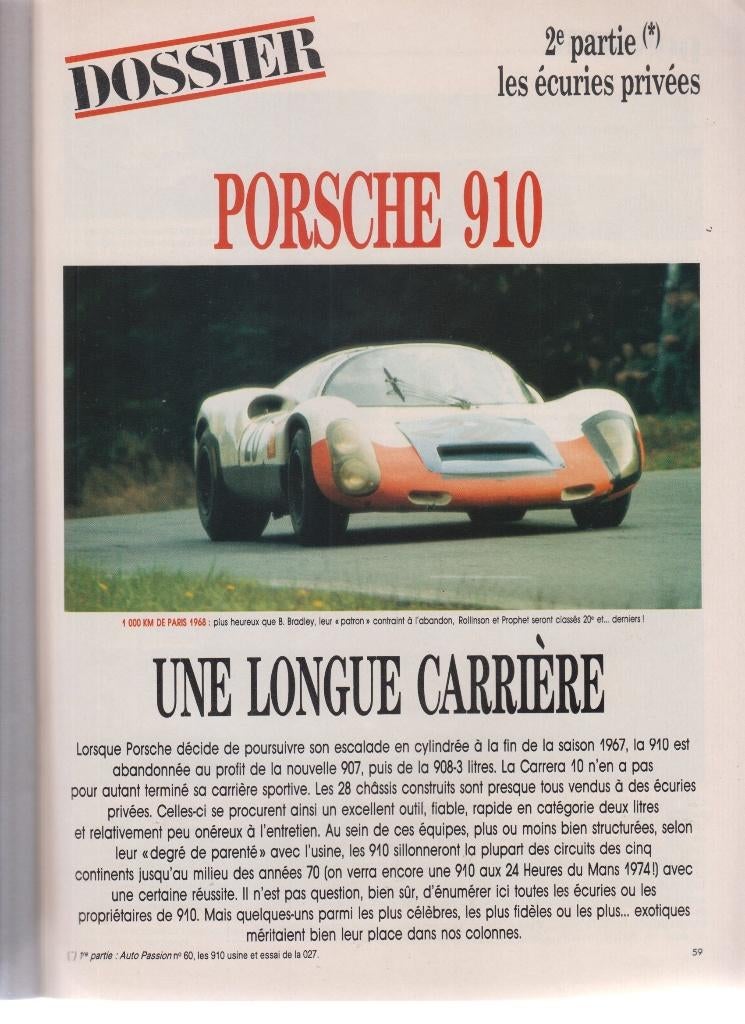 Porsche 910 les écuries privées voitures de compétition, Livres, Autos | Brochures & Magazines, Envoi, Utilisé, Porsche