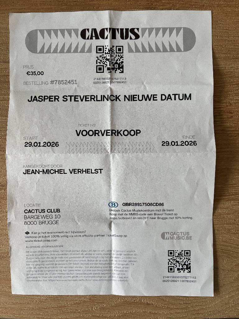 Place de concert jasper steverlInck, Tickets & Billets, Deux personnes, Mai