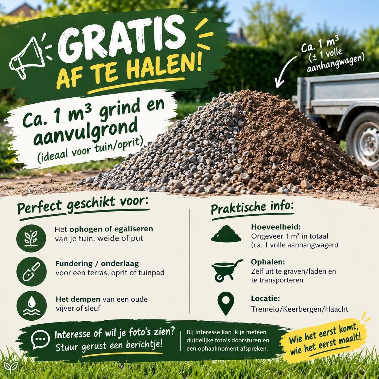 GRATIS AF TE HALEN: Ca. 1 m³ grind en aanvulgrond, Tuin en Terras, Ophalen, Grind