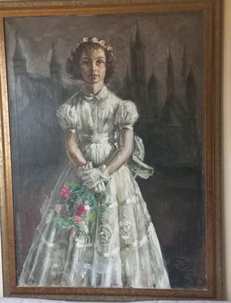 Bruidsmeisje met op achtergrond kerk te Maastricht, Antiek en Kunst, Ophalen