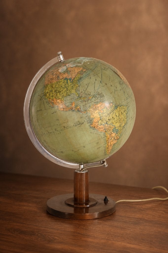 Mid Century glazen bol houten voet 1940 / 50 - Vintage Globe, Ophalen, Verlicht, Gebruikt, Glas