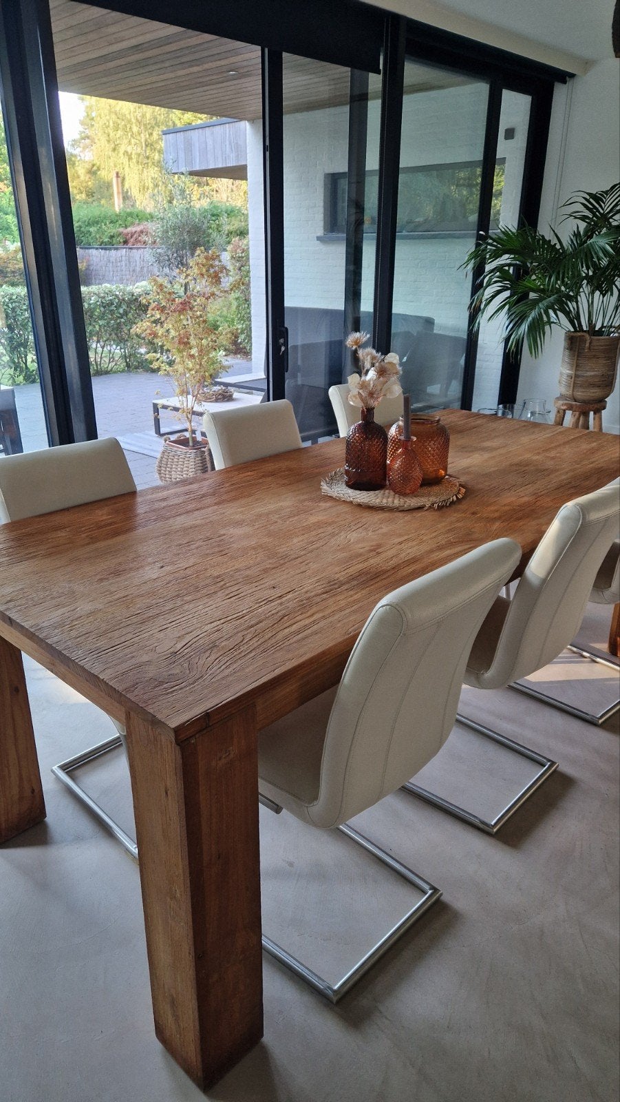 Teakhouten eettafel + 6 lederen stoelen, Ophalen, Teakhout