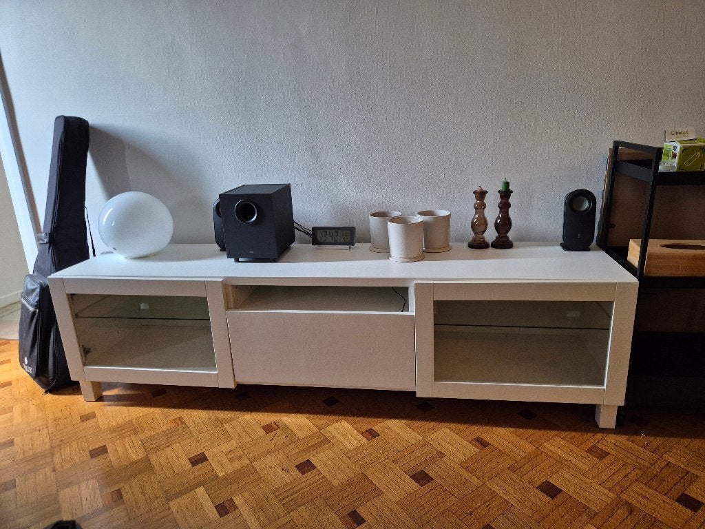 Meuble TV IKEA BESTÅ (blanc/verre) - Comme neuf, Maison & Meubles, 25 à 50 cm, Moins de 100 cm, 150 à 200 cm, Enlèvement