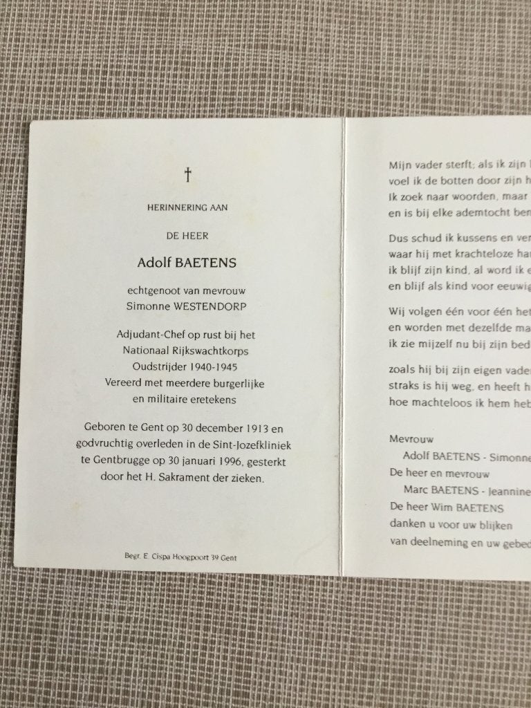 Rijkswachter A.Baetens Gent +1996 S.Westendorp, Verzamelen, Ophalen of Verzenden, Bidprentje