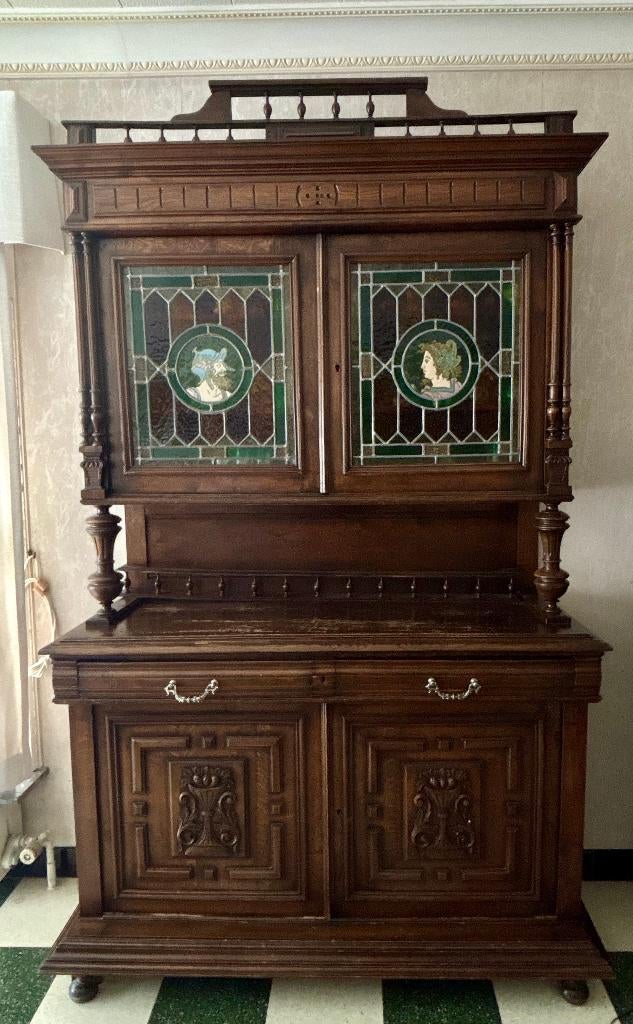 Buffetkast met glas-in-lood, Gebruikt, Met deur(en), Glas, Antiek