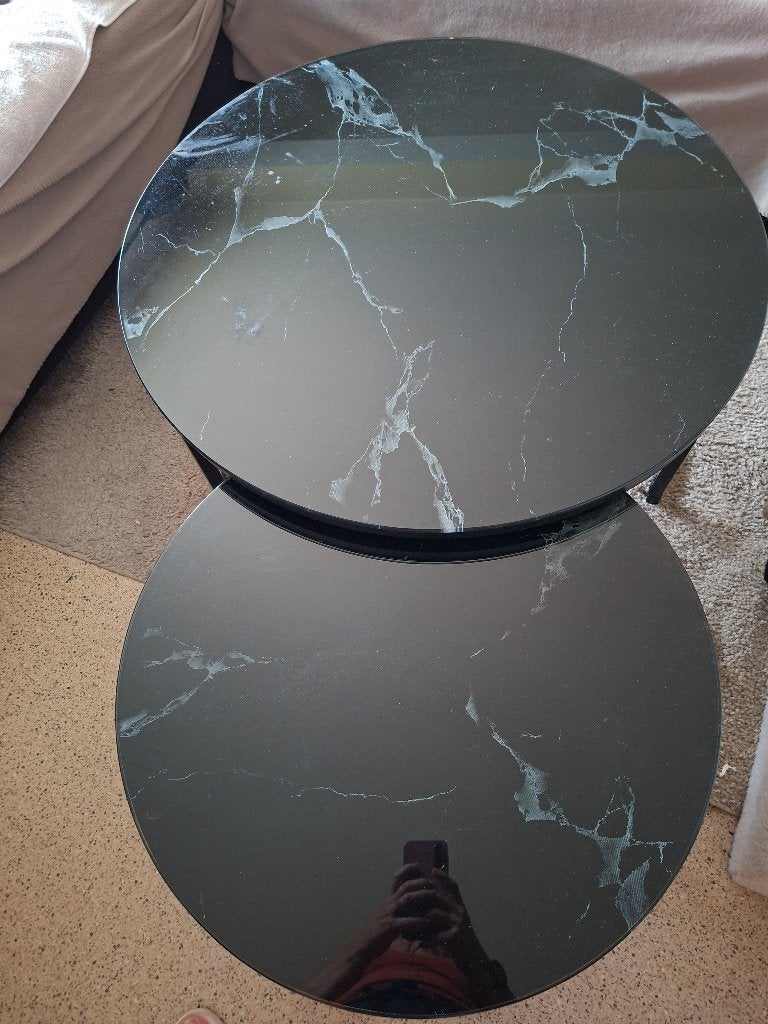Set 2 salontafels zwart/marmerlook 80 en 60, Rond, 50 à 100 cm, Comme neuf, Verre