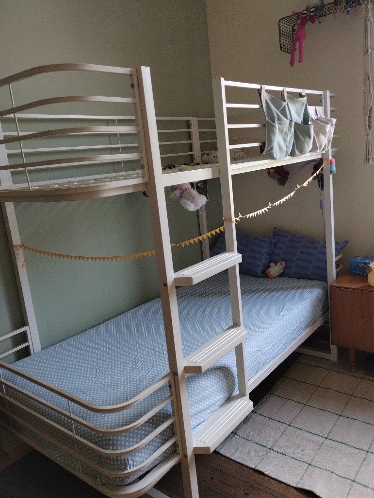 Stapelbed metaal wit, Ophalen, 90 cm, 160 tot 180 cm, Tweepersoons