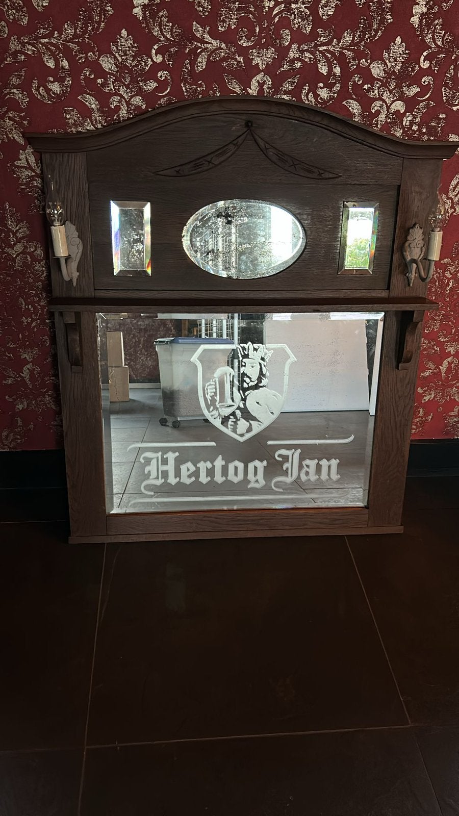 Antieke Hertog Jan spiegel / wandspiegel – geëtst glas, Enlèvement, Comme neuf
