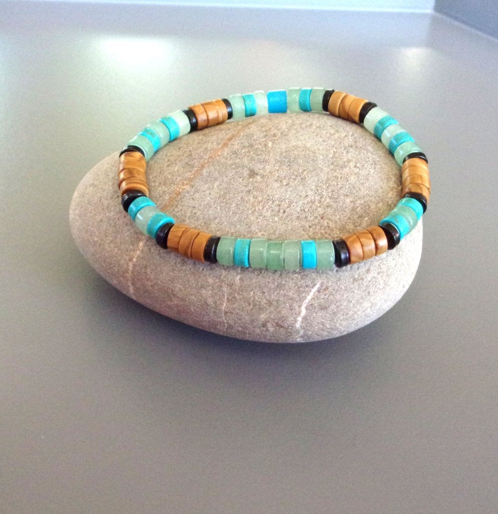 Surferarmband met aventurijn en turkoois voor heren of dames, Handtassen en Accessoires, Armbanden, Met bedels of kralen, Blauw