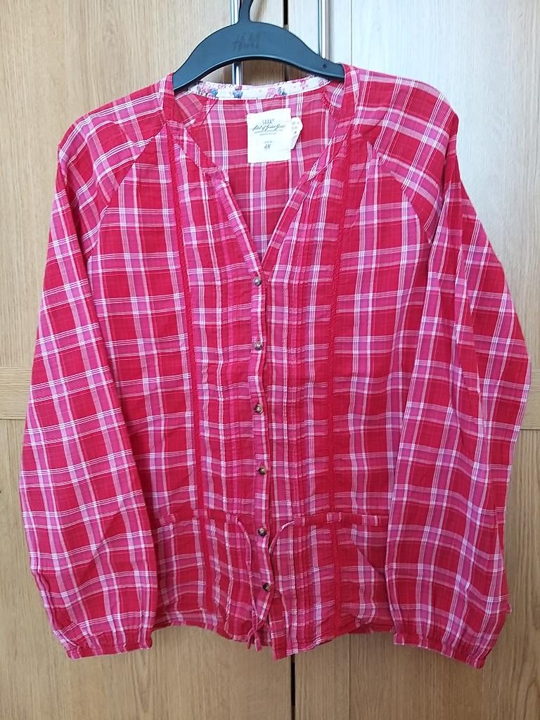 H&M chemisier rouge rose blanc carreaux ajustable dentelle, HM, Enlèvement ou Envoi, Chemise ou Chemisier, Utilisé