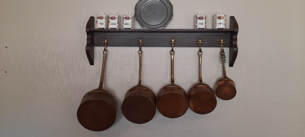 Étagère murale en bois avec casseroles en cuivre, Enlèvement ou Envoi, Cuivre