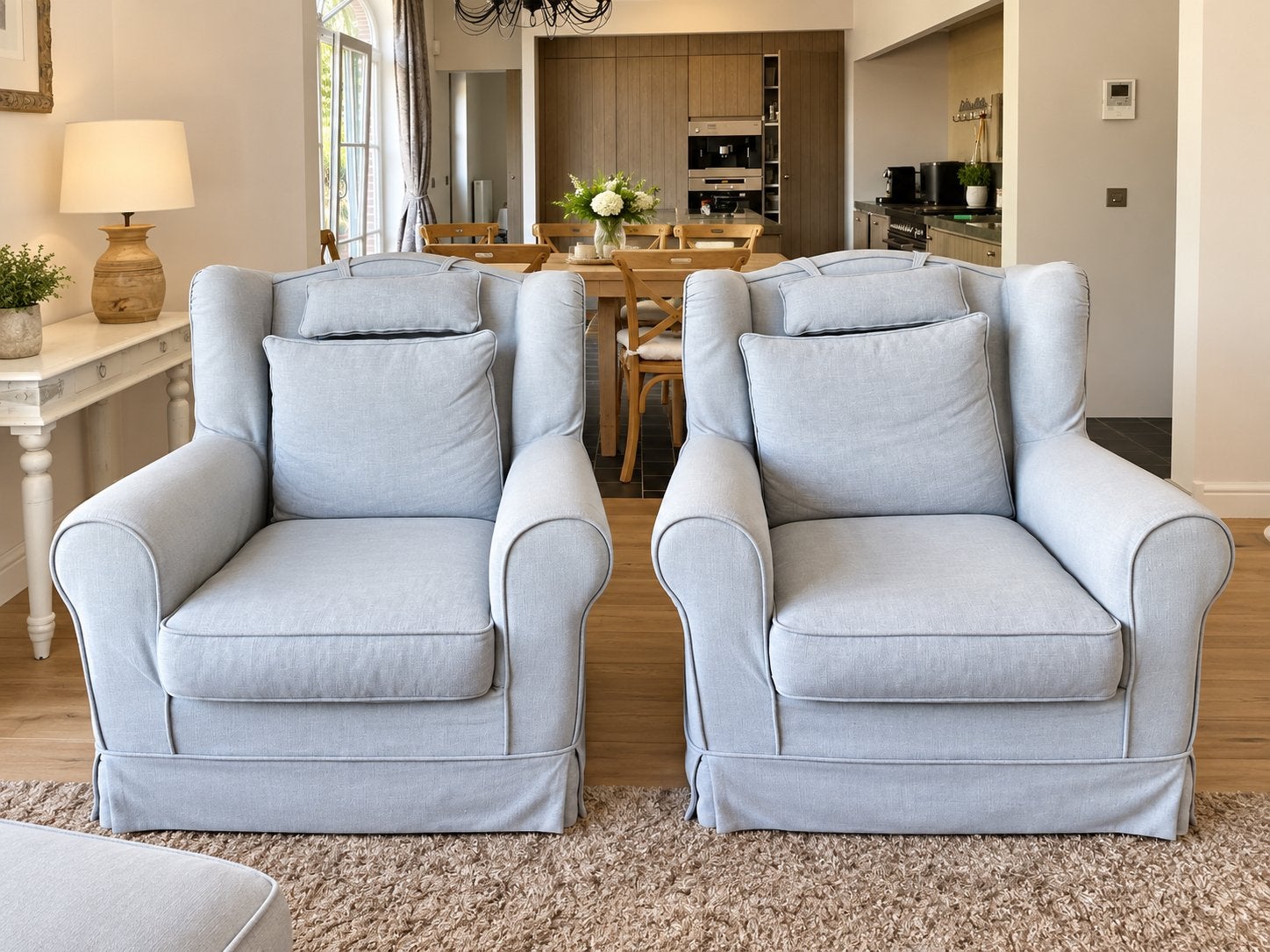 Set van 2 comfortabele fauteuils + bijpassende poef, Ophalen, Zo goed als nieuw, Stof