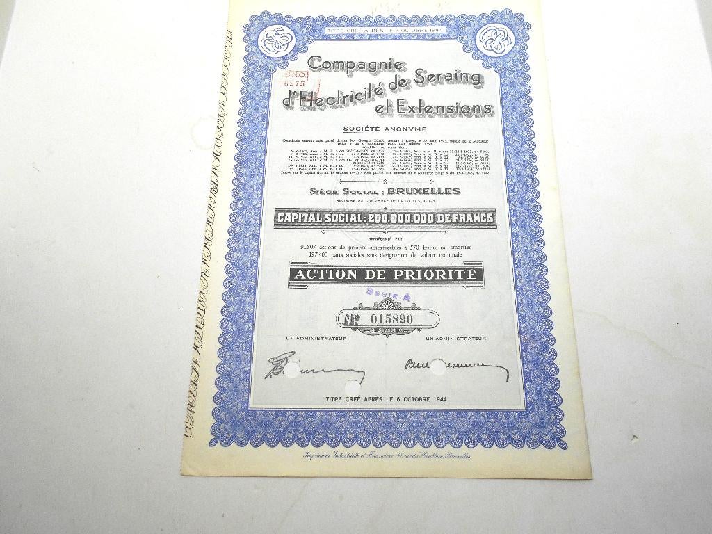 action "Cie d'electricité de Seraing et extensions " 1954, Postzegels en Munten, Aandelen en Waardepapieren, Ophalen of Verzenden