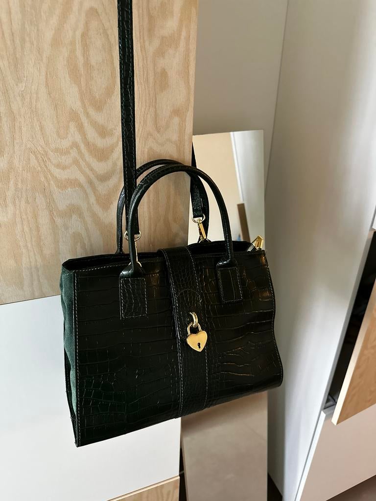 handtas in krokodillenleer look - echt leer - made in italy, Ophalen of Verzenden, Zo goed als nieuw, Groen, Leer