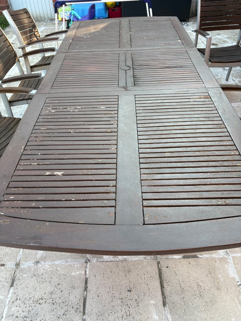 Tuintafel teak met 6 stoelen, Jardin & Terrasse, Tables de jardin, Enlèvement, Utilisé, Rectangulaire, Bois de teck