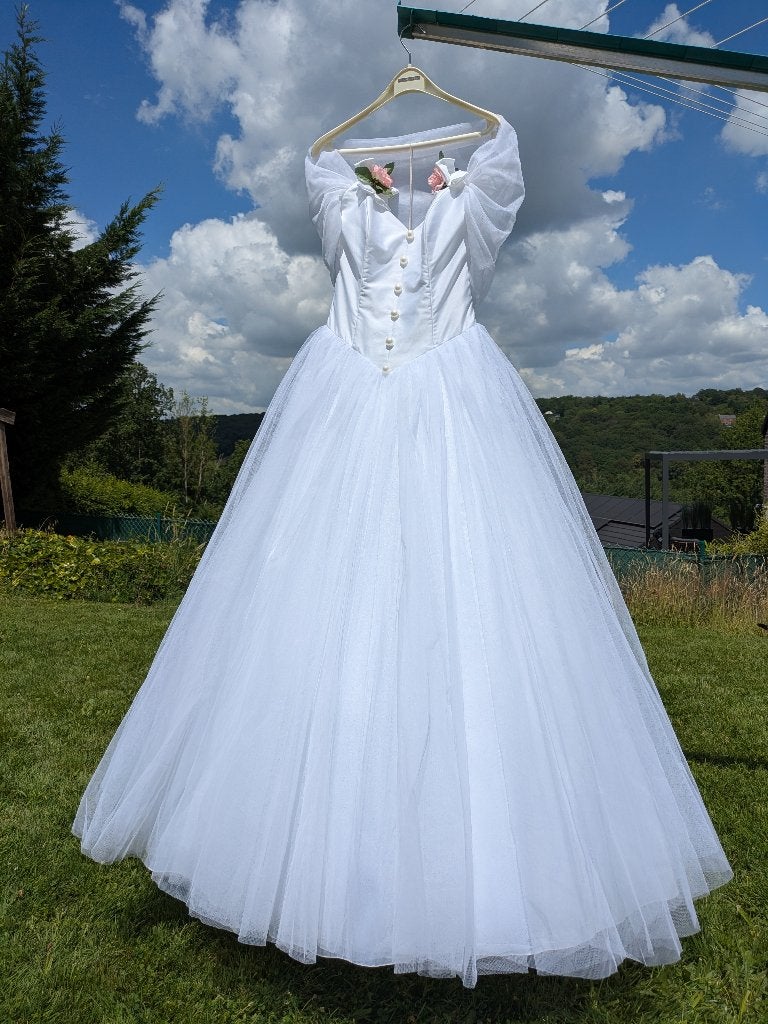 Longue robe de mariée blanche Pronuptia Caravelle + Access., Pronuptia, Enlèvement ou Envoi, Robe de mariée, Porté