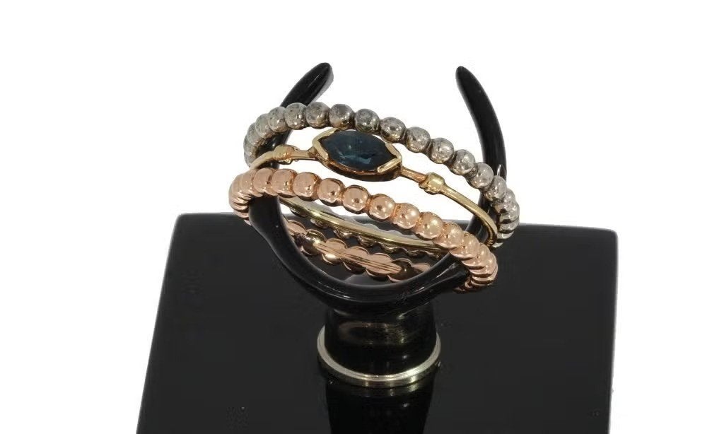 14k gouden set aanschuif ringen saffier bollen rose dames, Ophalen of Verzenden, Zo goed als nieuw, Dame of Heer, Met edelsteen