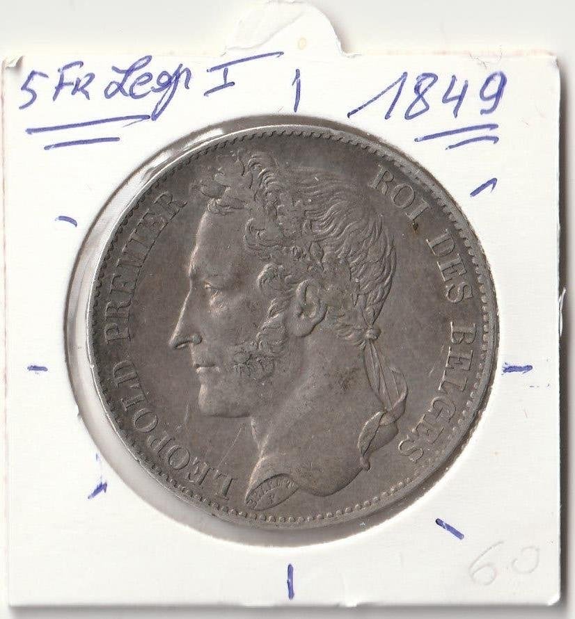 5 FR 1849 LEOPOLD 1 GELAUWERD, Ophalen of Verzenden, Zilver