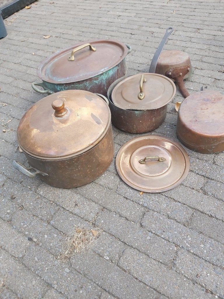 Set van 5 koperen pannen, Ophalen, Met deksel, Pannenset, Overige merken
