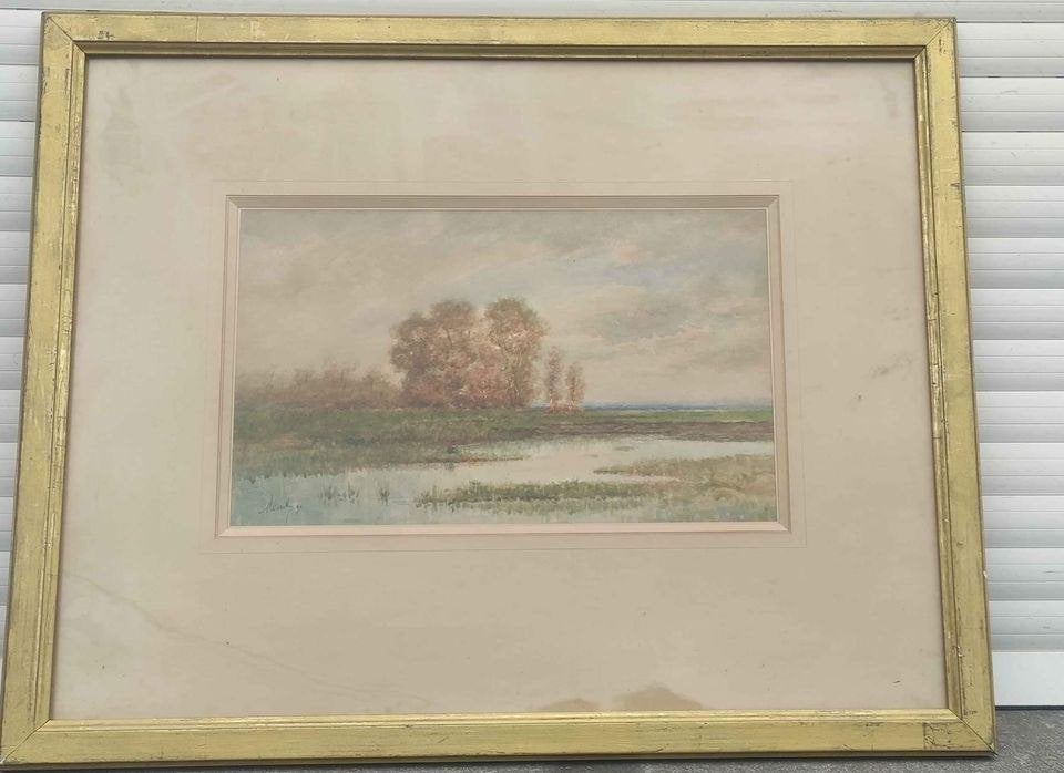 Aquarelle paysage signe, Antiek en Kunst, Kunst | Schilderijen | Klassiek, Landschap, Aquarel, Ophalen of Verzenden
