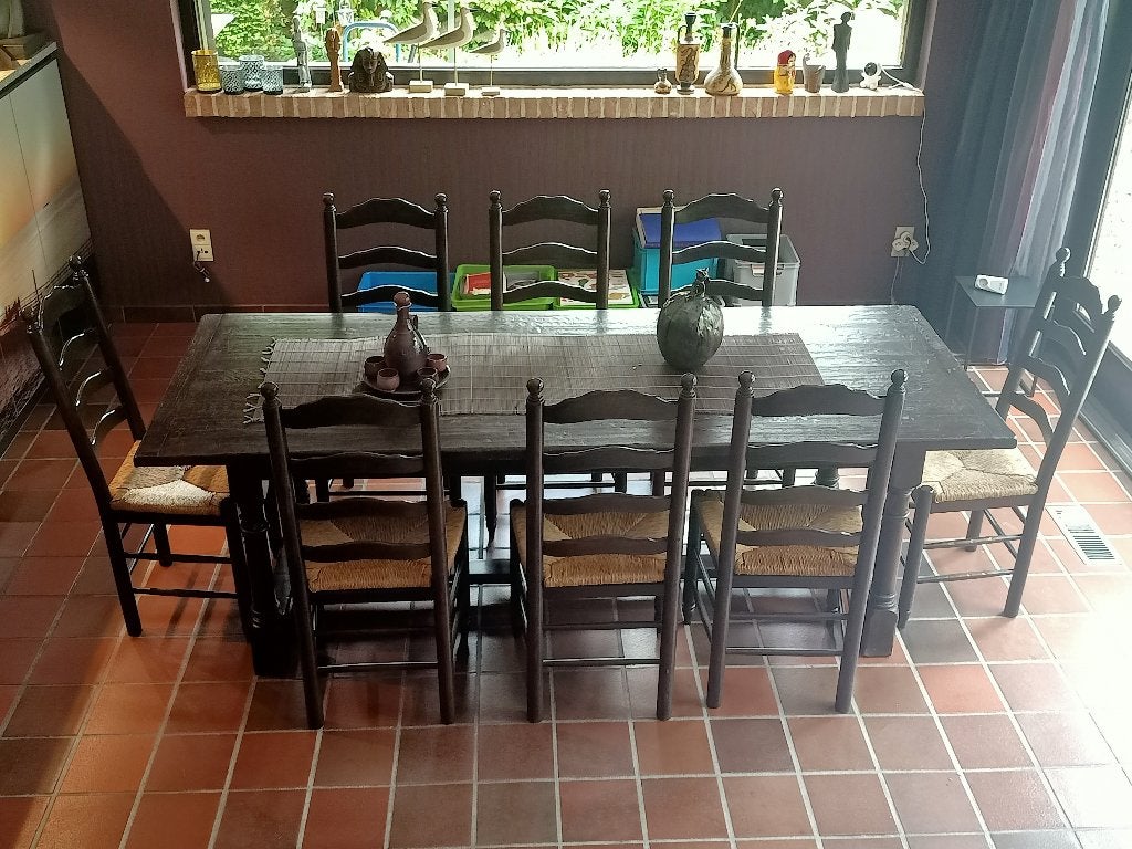 Eettafel met 8 stoelen, Ophalen, 100 tot 150 cm, Rustiek, Eikenhout