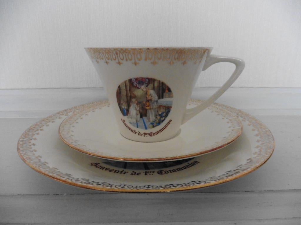 Kop, schotel, dessertbord, decor 1e communie, Antiek en Kunst, Ophalen