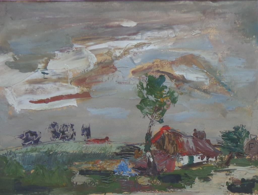 JACK GODDERIS / BOERDERIJ / OLIEVERF KARTON / 48x58cm KADER, Antiquités & Art, Art | Peinture | Moderne, Enlèvement ou Envoi, Verre