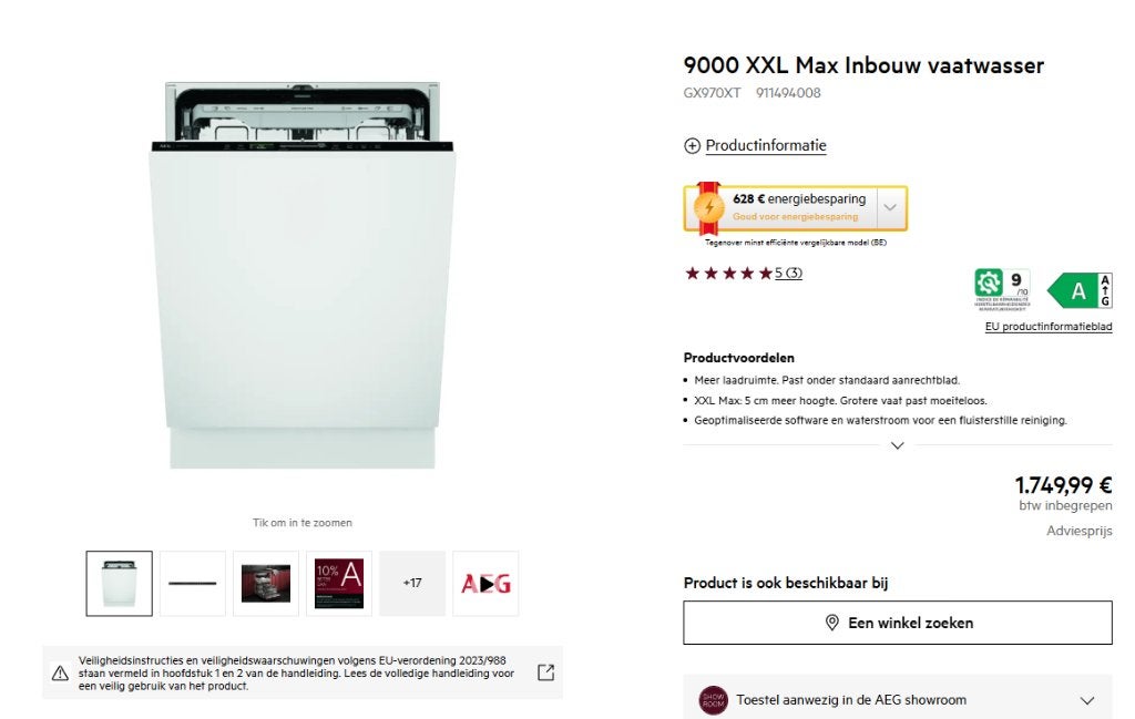 AEG 9000 XXL Max Inbouwvaatwasser –nieuw!, Elektronische apparatuur, Ophalen, Minder dan 10 liter, Nieuw, Energieklasse A of zuiniger