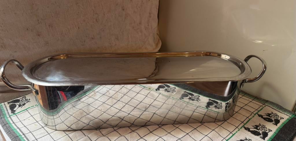 Grote inox vispan met deksel en inzet- uitstekende staat, Ophalen of Verzenden, Gebruikt, Inox