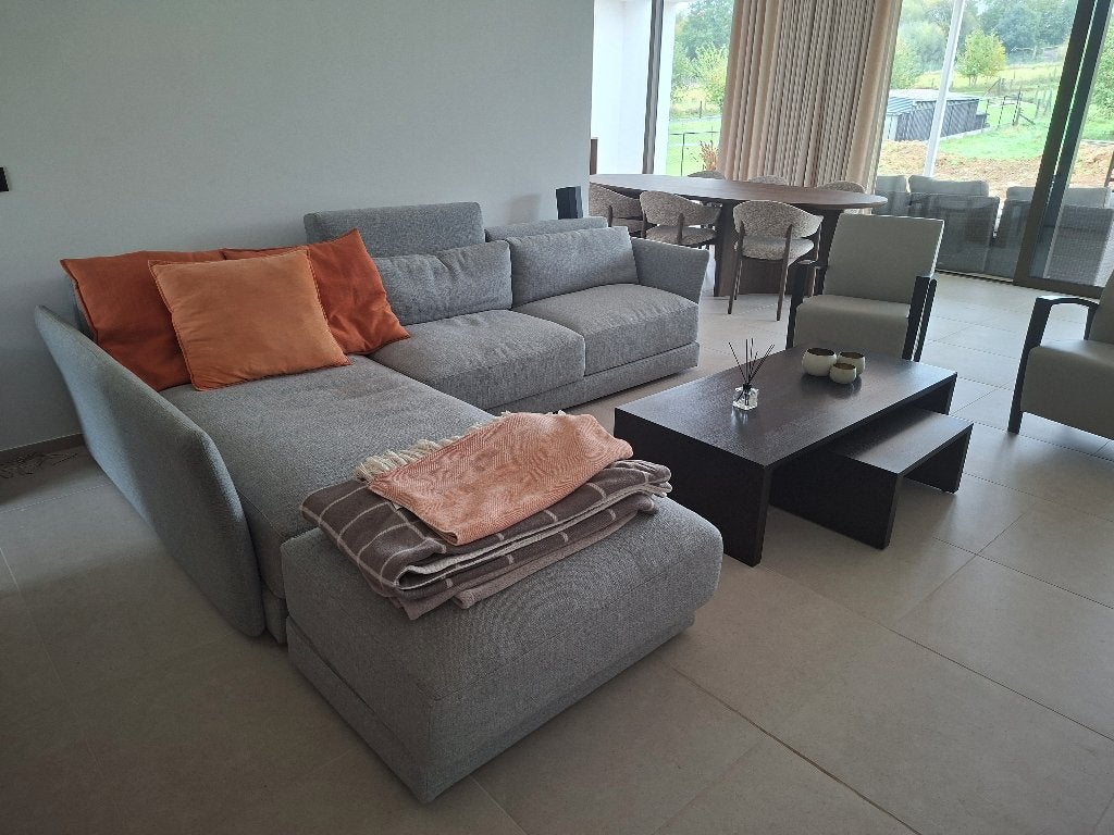 Chaise d'angle gris clair-chaise longue et pouf-comme neuve, Maison & Meubles, 150 cm ou plus, 300 cm ou plus, Quatre personnes ou plus