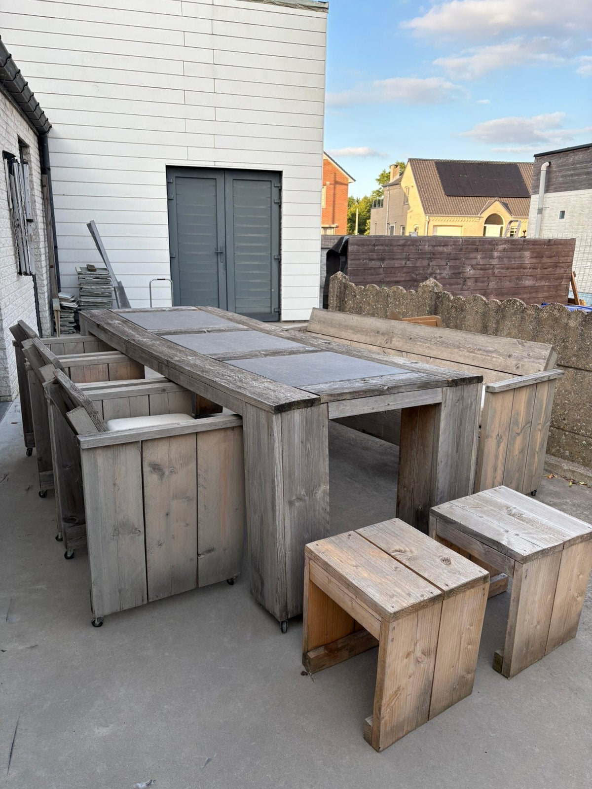 Tuinset uit steigerhout, Tuin en Terras, Tuinsets en Loungesets, Gebruikt, Tuinset, Steigerhout, 6 zitplaatsen, Bank, Bijzettafel