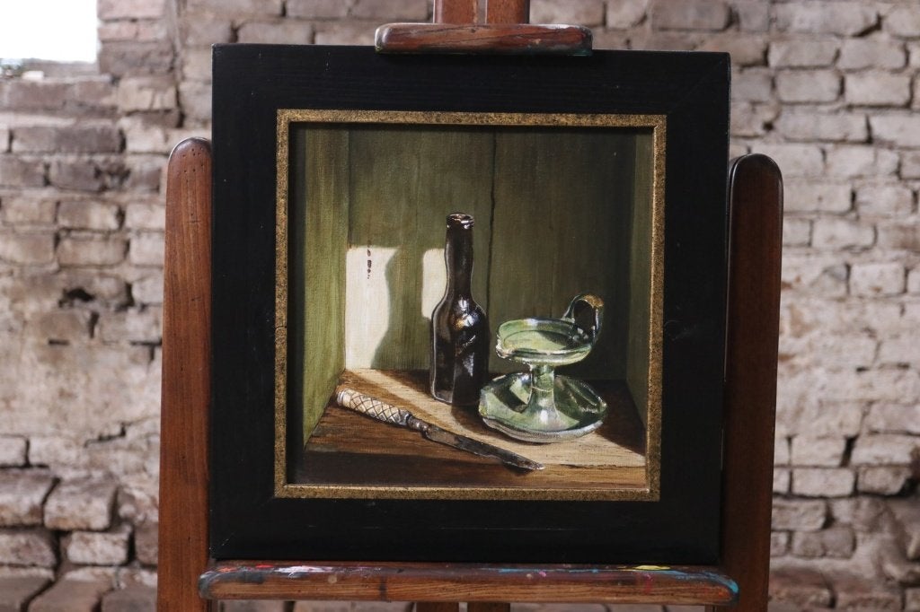 Stilleven langnek en bodemvondsten – Marjolein van den Berg, Antiquités & Art, Textile, Peinture acrylique, Enlèvement, Peint à la main