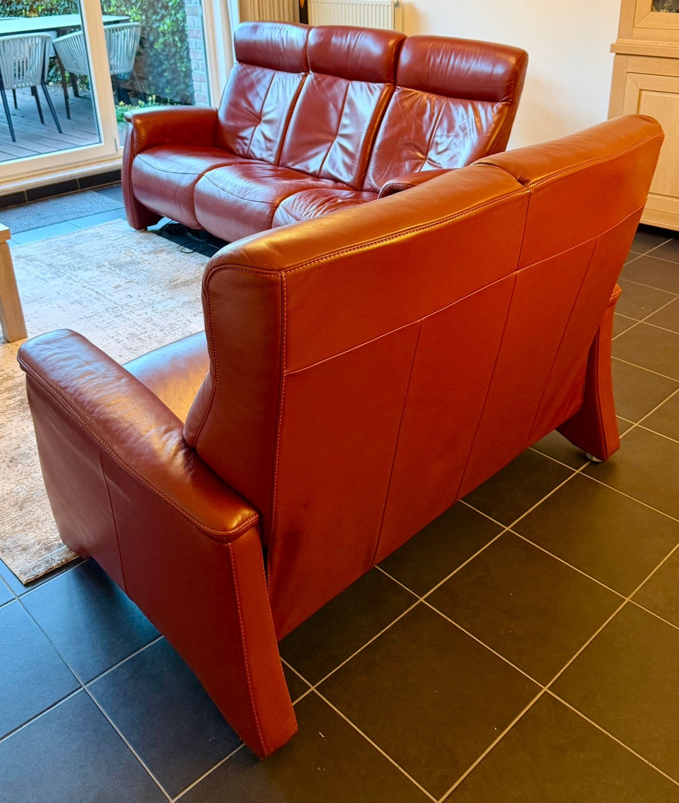 Lederen salon 3+2 met 2 elektrische +1 mechanische relax, 150 à 200 cm, Enlèvement, Utilisé, Cuir
