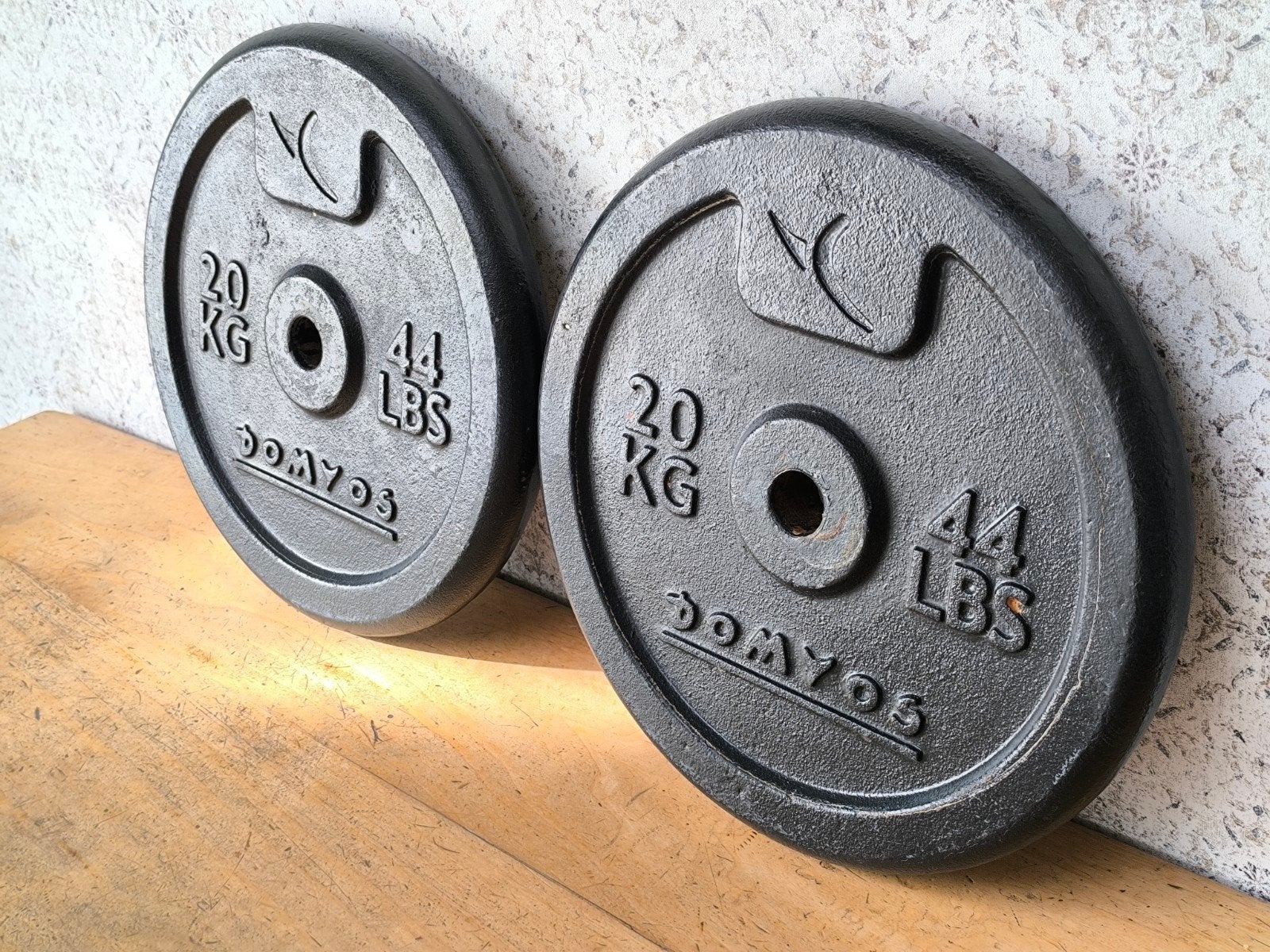 2 x Domyos 20kg plaques de musculation. 2,8cm., Enlèvement, Utilisé, Bras, Plaques d'haltères