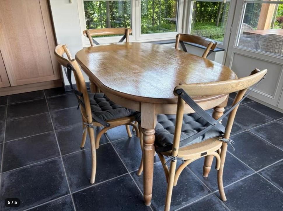 Eettafel met 4 stoelen, Ophalen, Gebruikt, 100 tot 150 cm, Eikenhout