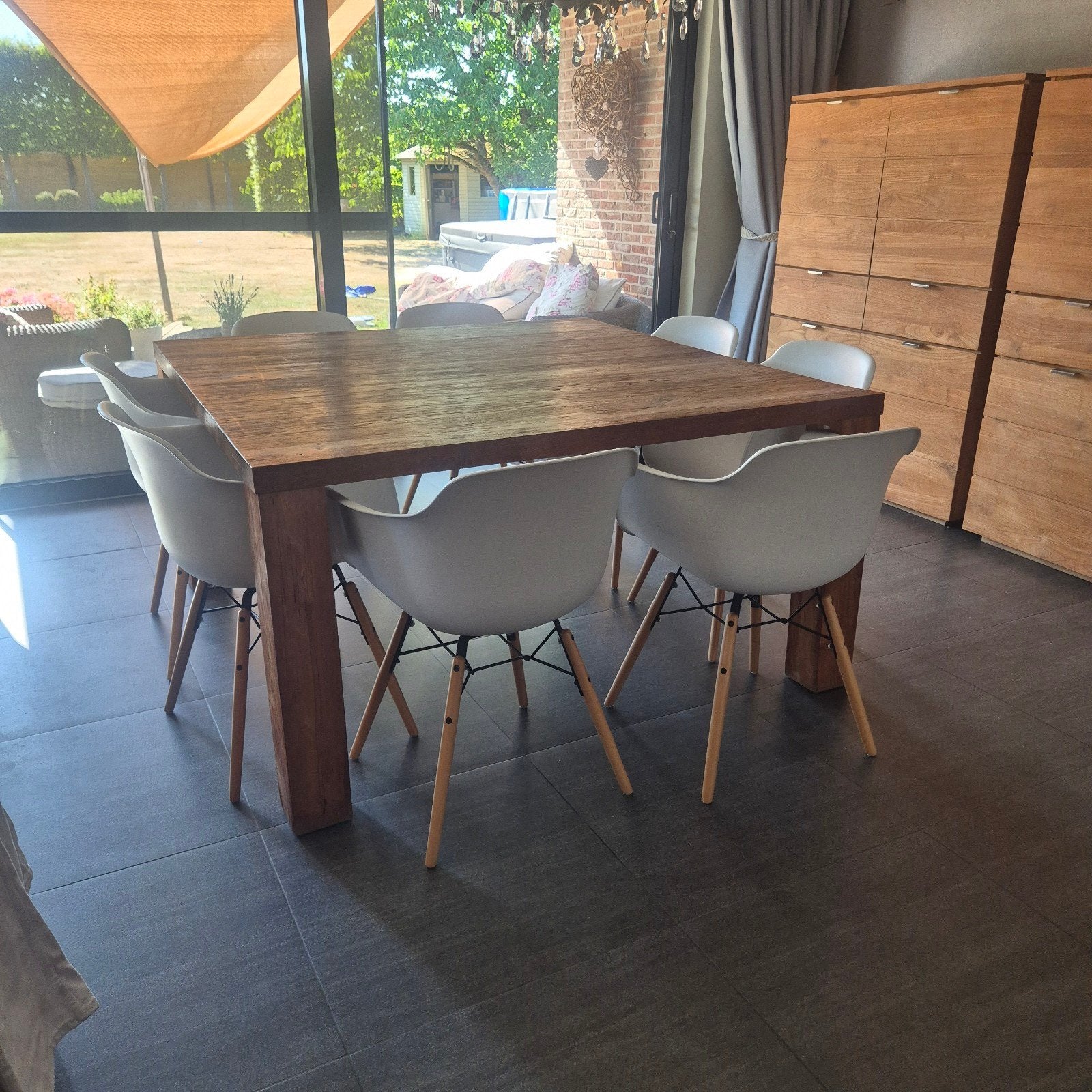 Vierkante tafel voor 8 personen in teak, Ophalen, Gebruikt, Vijf personen of meer, 100 tot 150 cm