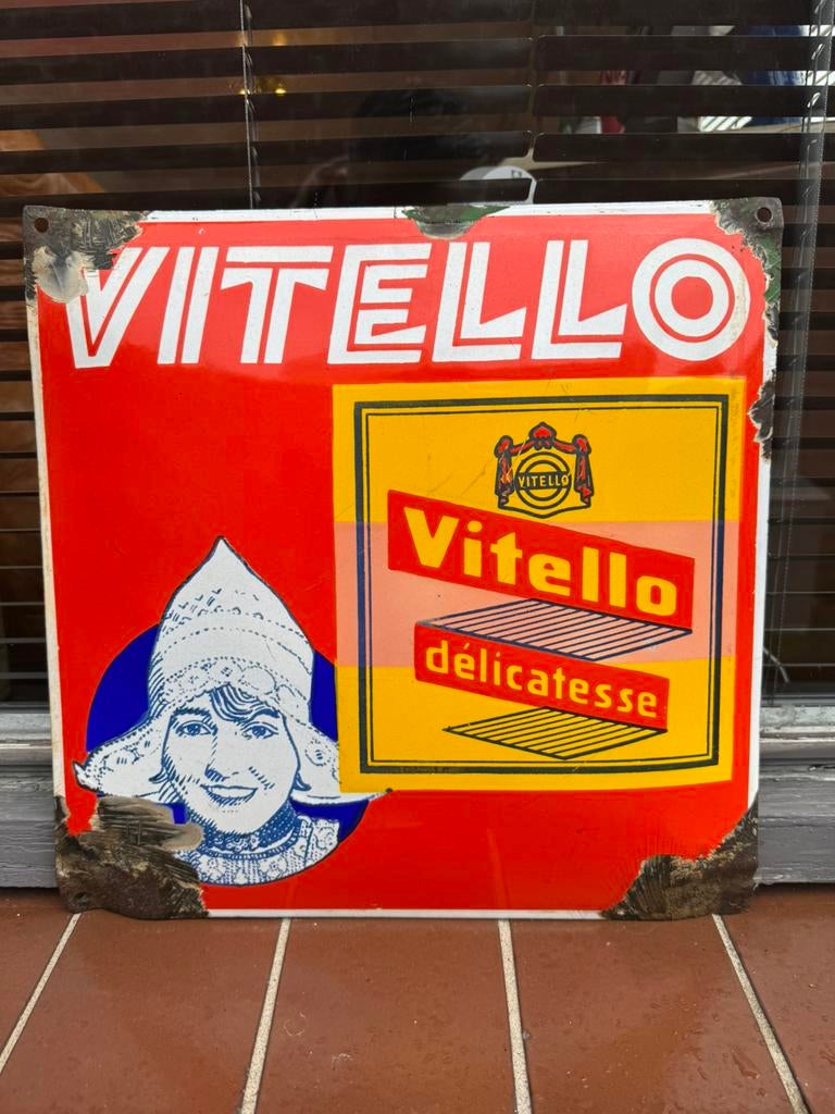 Panneau d'affichage émaillé ancien VITELLO, Enlèvement ou Envoi